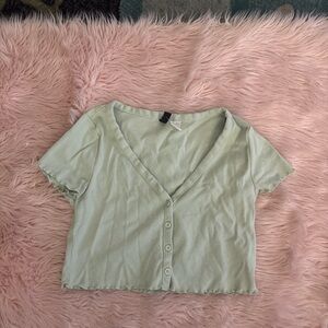 Light Green V-Neck Button Front Crop Top - Women